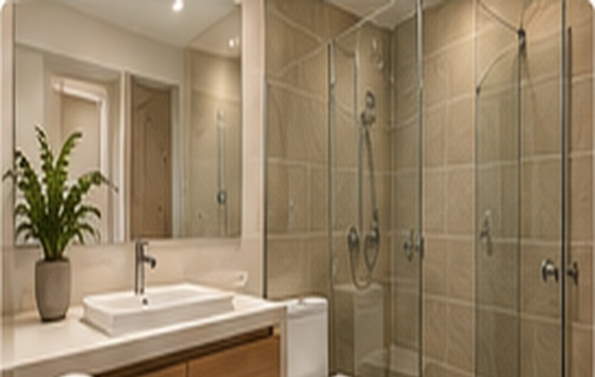 Baño de apartamento con ducha, sanitario y mueble de lavamanos