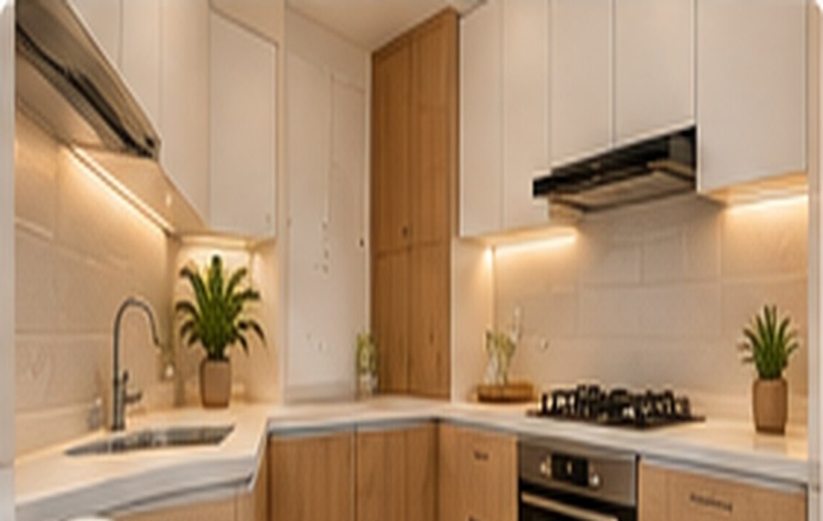 Cocina contemporánea de apartamento con gabinetes sencillos y mesón claro